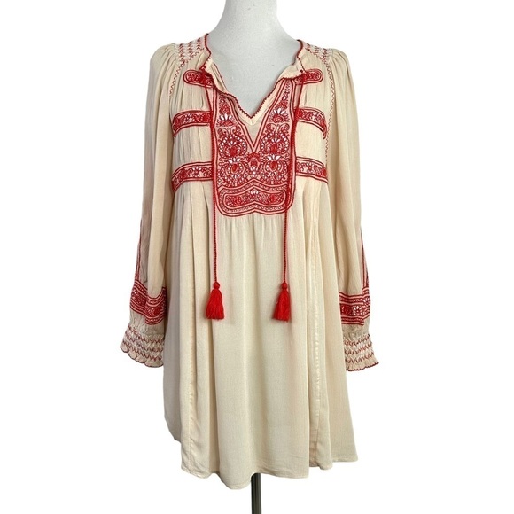 Free People Womens Wind Willow Embroidered Mini Dress Sz Small Cream Red Boho - Picture 3 of 11